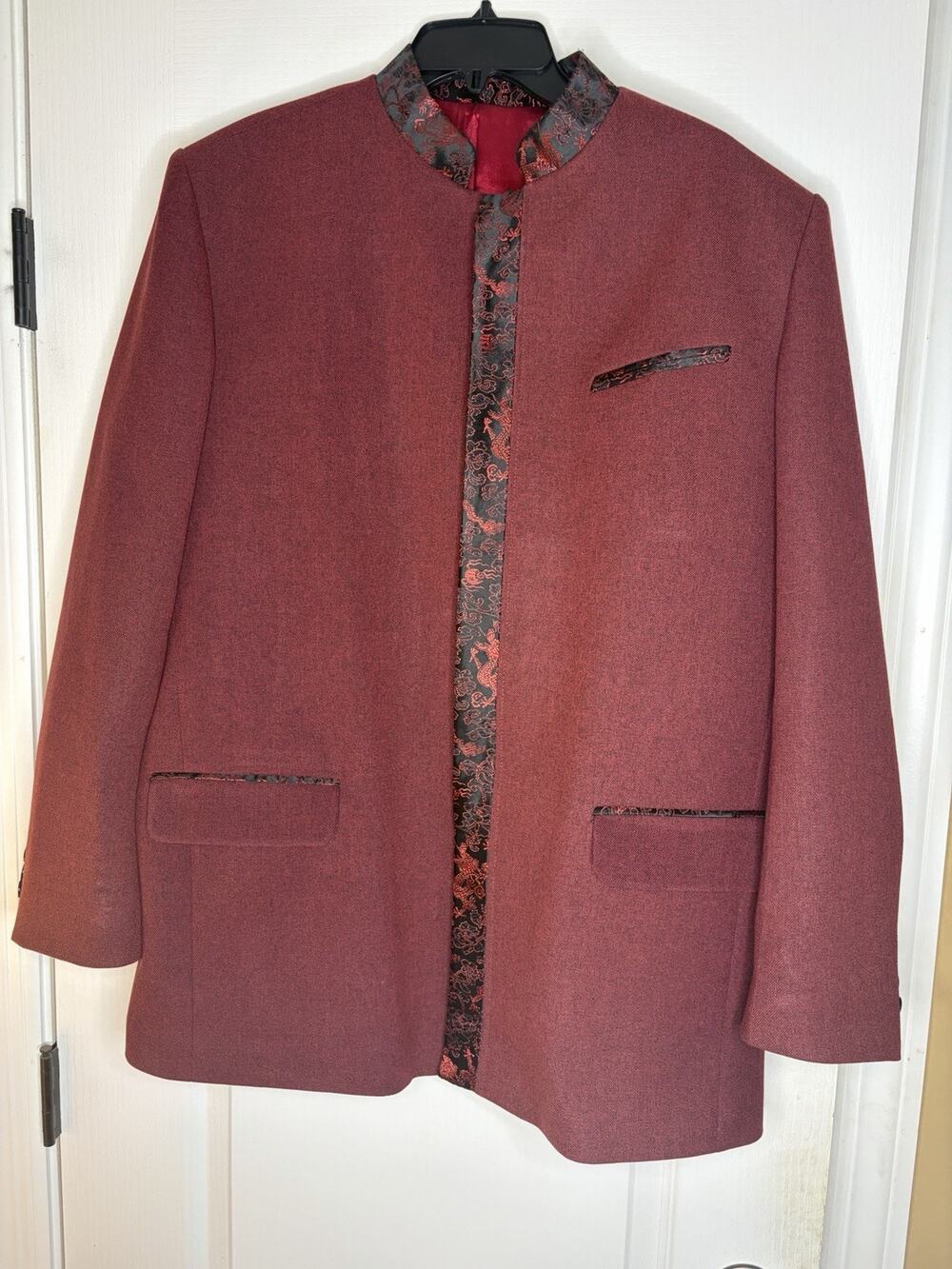 Men Mandarin Collar Nehru Jacket Burgundy Wine Dragon Brocade Tang Suit Size 38R